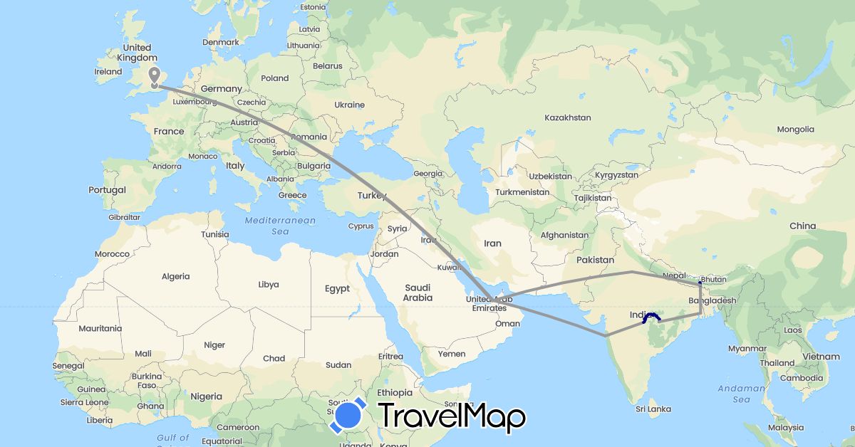 TravelMap itinerary: driving, plane in United Arab Emirates, United Kingdom, India (Asia, Europe)