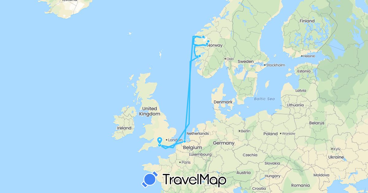 TravelMap itinerary: driving, boat in Belgium, United Kingdom, Norway (Europe)